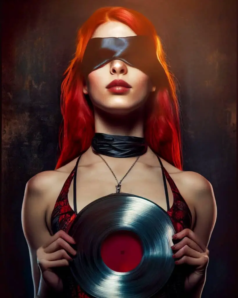 Redhead woman and vinyl record